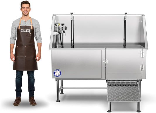 62" Stainless Steel Pet Dog Bath Tub with Faucet (Right Door/Left Drain), 62 X 27 X 58